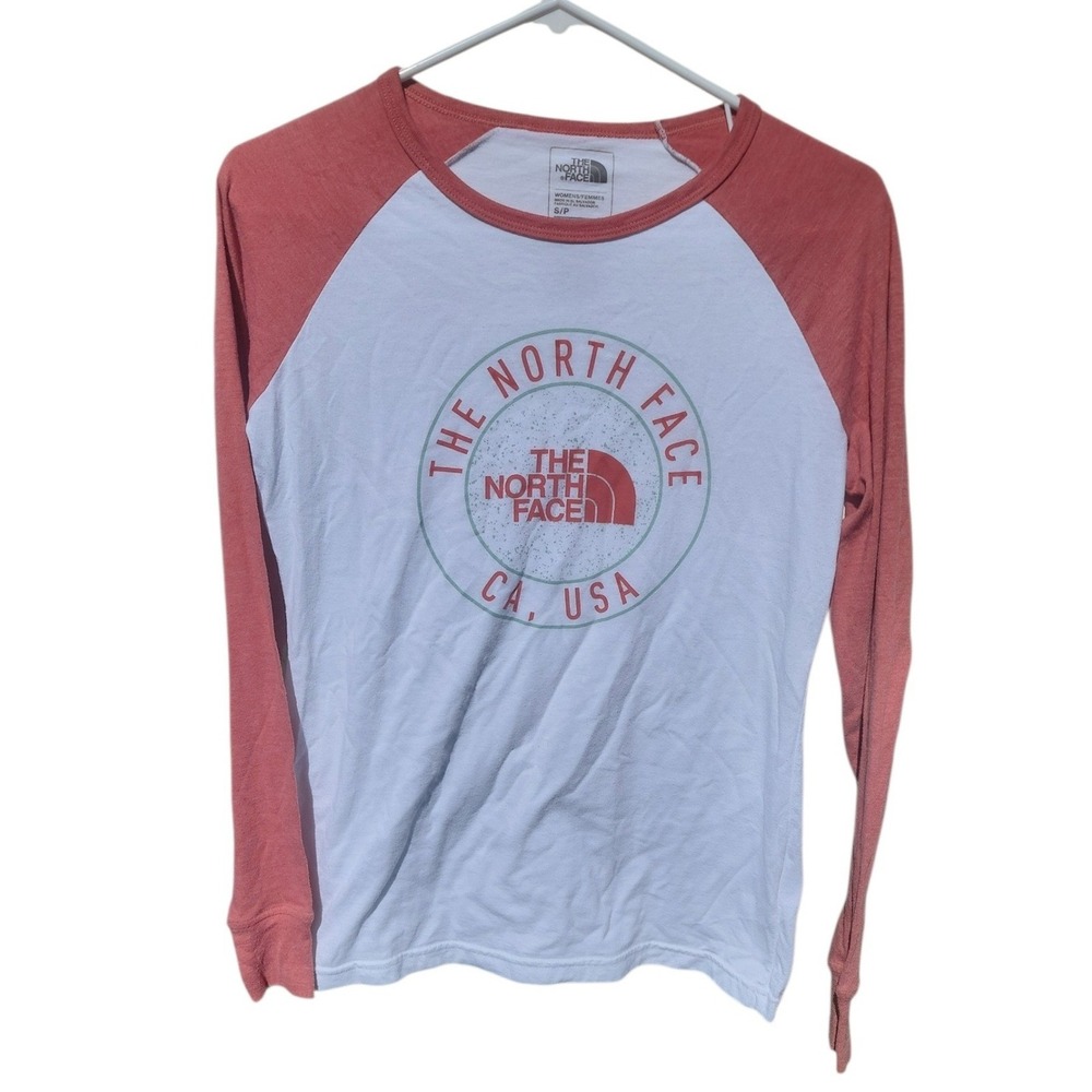 The North Face Womens Raglan Long Sleeve Tee Shirt Small White Coral CA USA Logo